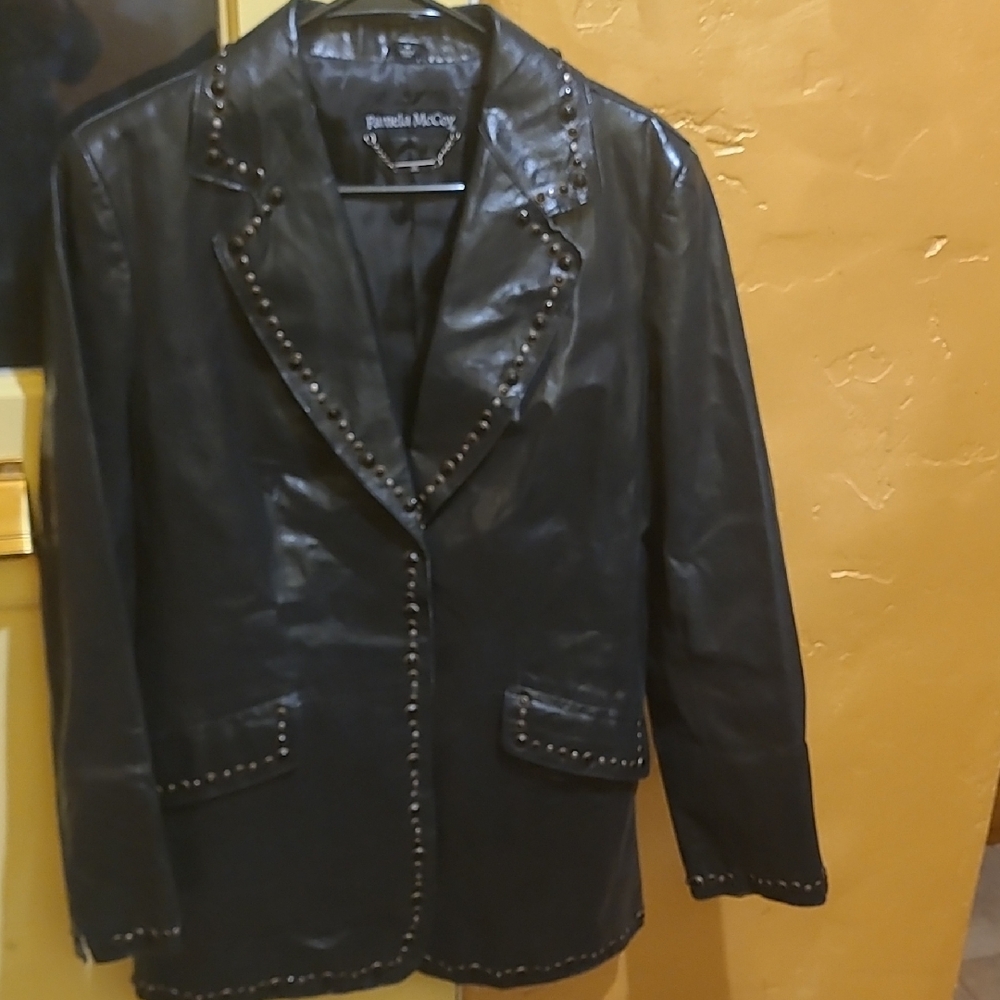 Pamela McCoy Shiny Black Studded and Bejeweled Leather Blazer